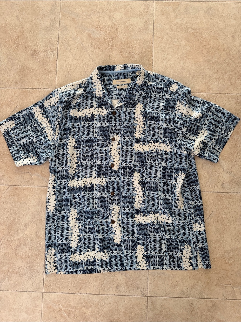 Tommy Bahama Blue & White Tropical Print Camp Shirt